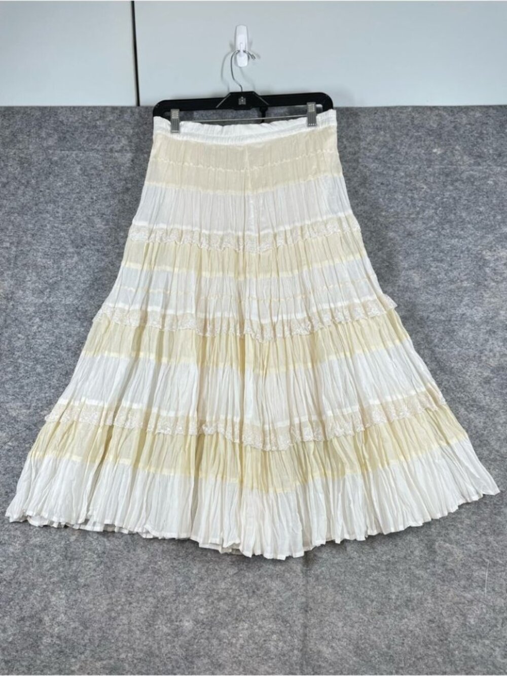 Boho Tiered Crinkle Maxi Skirt Cream White Prairie Cottagecore Festival Chic - Picture 2 of 16